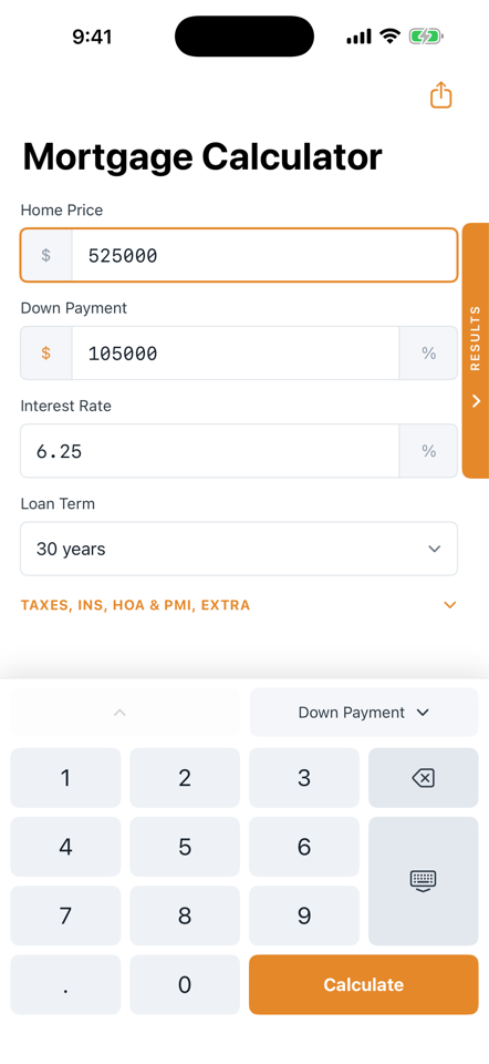 Mortgage calculator form with the numeric keypad
