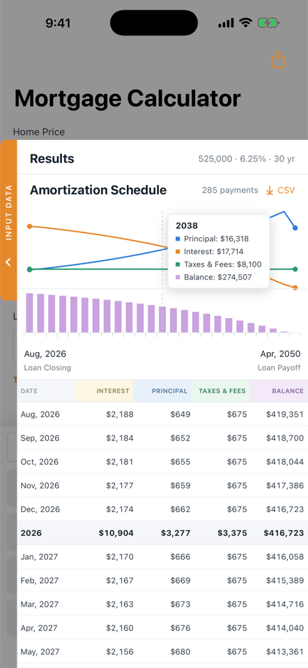 Principal and interest chart above the amortization schedule